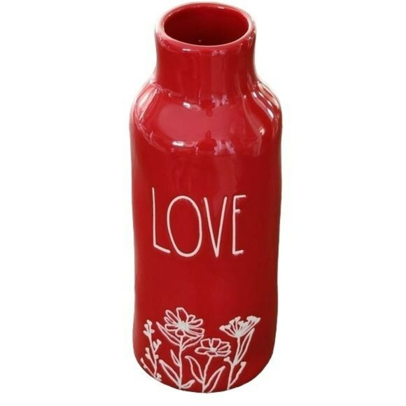 Shabby Chic Red Ceramic Flower Vase With LOVE And Flowers Engraved Design‎ - Picture 1 of 10